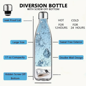 Secret Stash Water Bottle | Hidden Compartment | Black Double-Wall Design